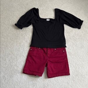 Black Puff Sleeve Top and burgundy Shorts Set